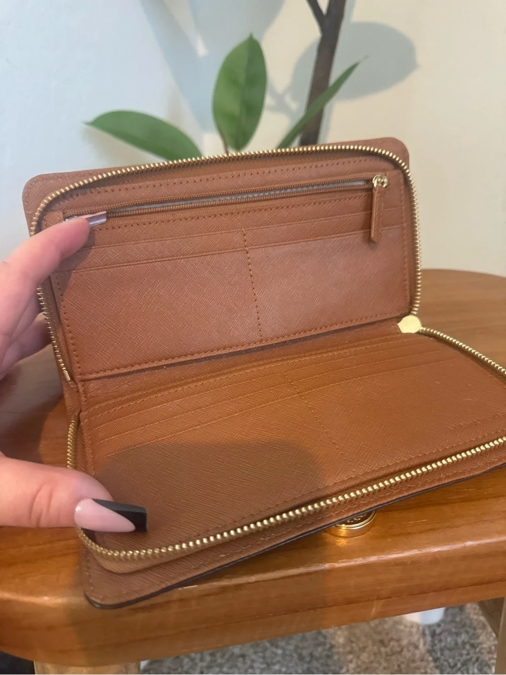 Michael Kors Brown Saffiano Zip Wallet with Gold Hardware